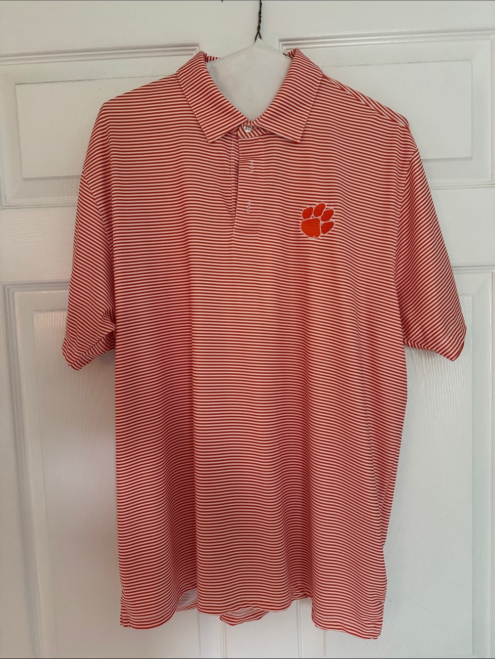 Men's Orange striped polo with Clemson logo